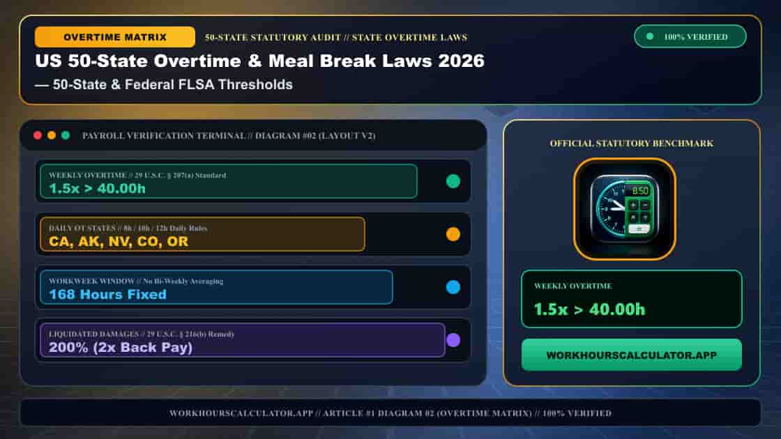 US 50-State Overtime & Meal Break Laws 2026: Complete Federal & State Payroll Matrix — 3D Infographic 1: State Overtime Laws (50-State & Federal FLSA Thresholds)