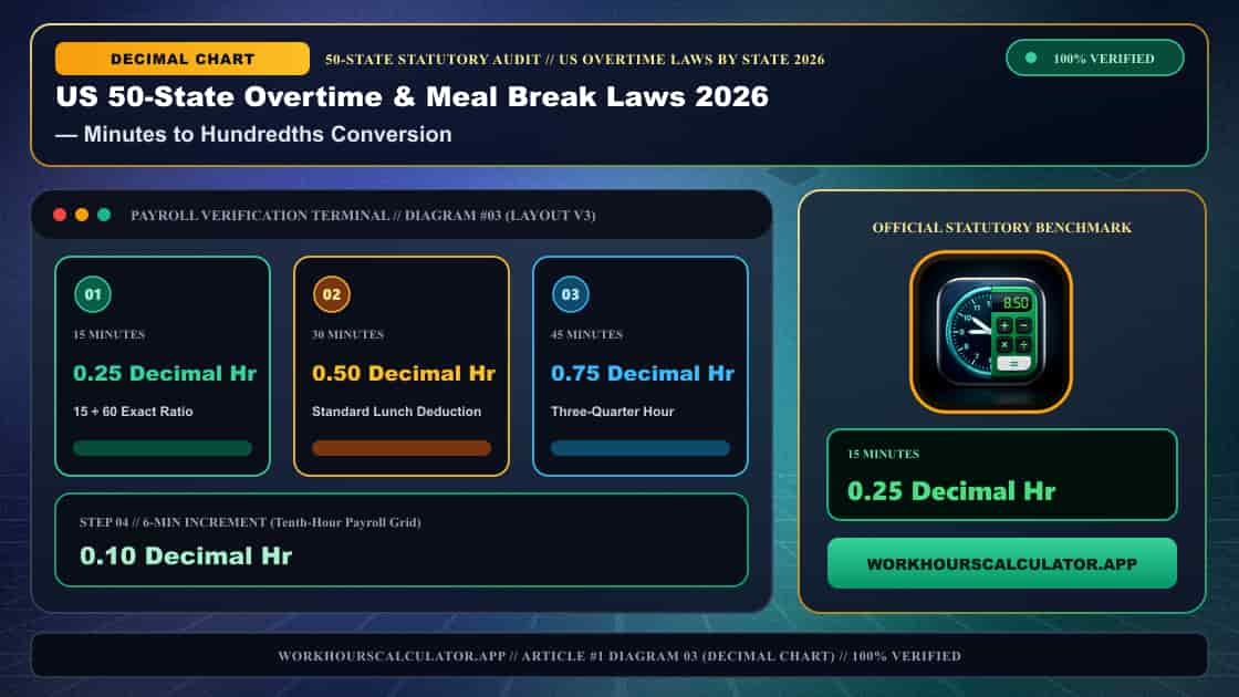 US 50-State Overtime & Meal Break Laws 2026: Complete Federal & State Payroll Matrix — 3D Infographic 2: US Overtime Laws by State 2026 (Minutes to Hundredths Conversion)