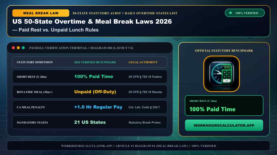 US 50-State Overtime & Meal Break Laws 2026: Complete Federal & State Payroll Matrix — 3D Infographic 3: Daily Overtime States List (Paid Rest vs. Unpaid Lunch Rules)