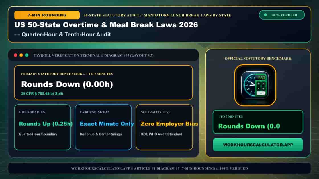 US 50-State Overtime & Meal Break Laws 2026: Complete Federal & State Payroll Matrix — 3D Infographic 4: Mandatory Lunch Break Laws by State (Quarter-Hour & Tenth-Hour Audit)