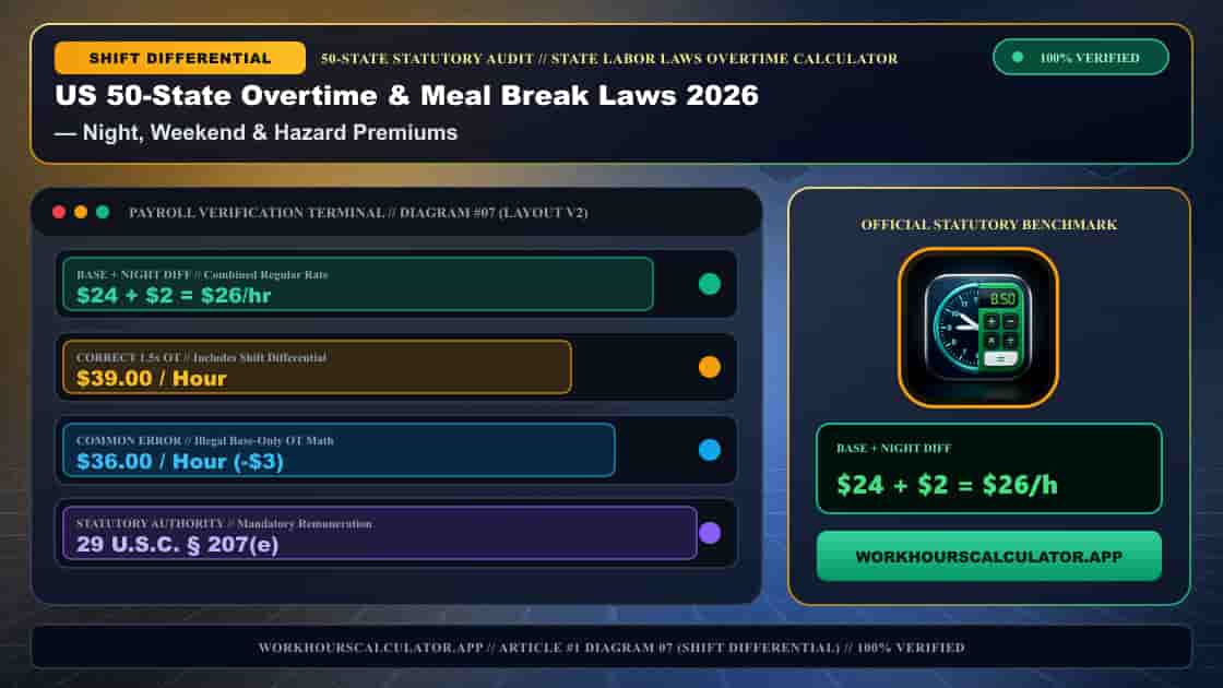 US 50-State Overtime & Meal Break Laws 2026: Complete Federal & State Payroll Matrix — 3D Infographic 6: State Labor Laws Overtime Calculator (Night, Weekend & Hazard Premiums)