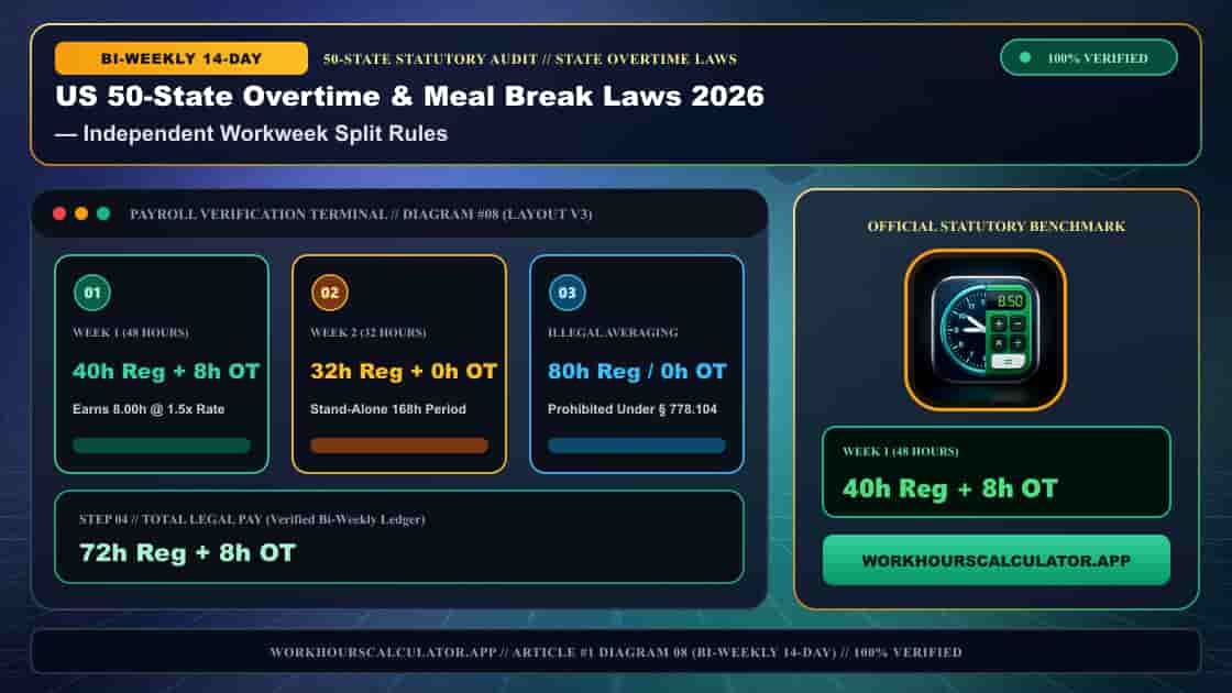 US 50-State Overtime & Meal Break Laws 2026: Complete Federal & State Payroll Matrix — 3D Infographic 7: State Overtime Laws (Independent Workweek Split Rules)