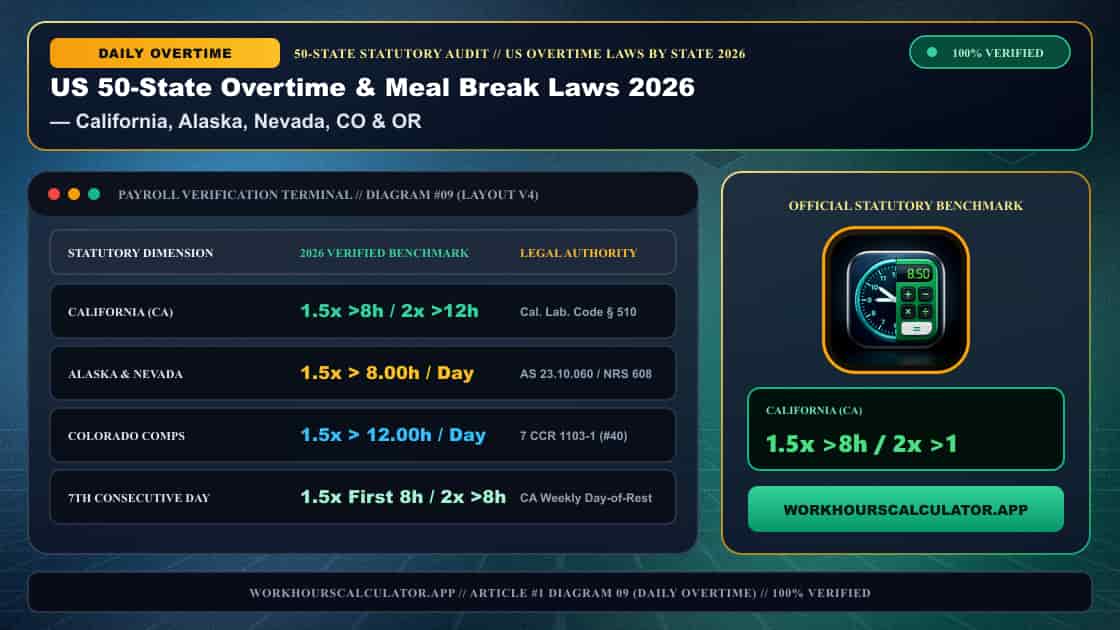 US 50-State Overtime & Meal Break Laws 2026: Complete Federal & State Payroll Matrix — 3D Infographic 8: US Overtime Laws by State 2026 (California, Alaska, Nevada, CO & OR)