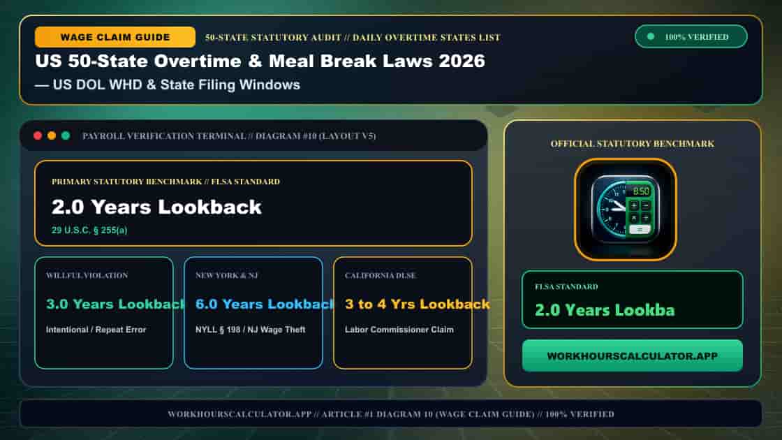 US 50-State Overtime & Meal Break Laws 2026: Complete Federal & State Payroll Matrix — 3D Infographic 9: Daily Overtime States List (US DOL WHD & State Filing Windows)