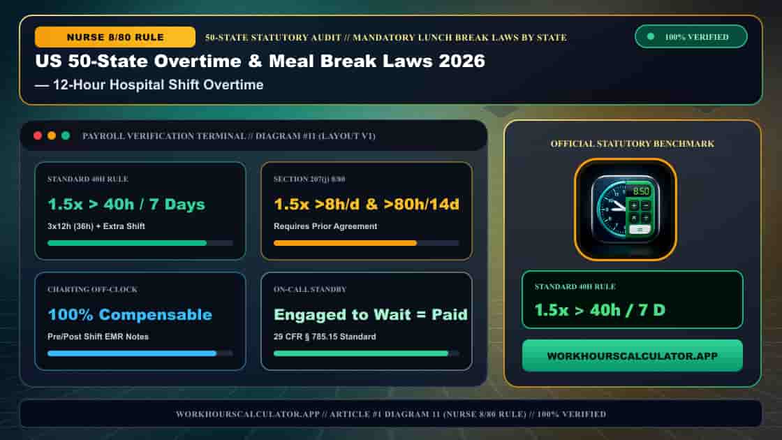 US 50-State Overtime & Meal Break Laws 2026: Complete Federal & State Payroll Matrix — 3D Infographic 10: Mandatory Lunch Break Laws by State (12-Hour Hospital Shift Overtime)
