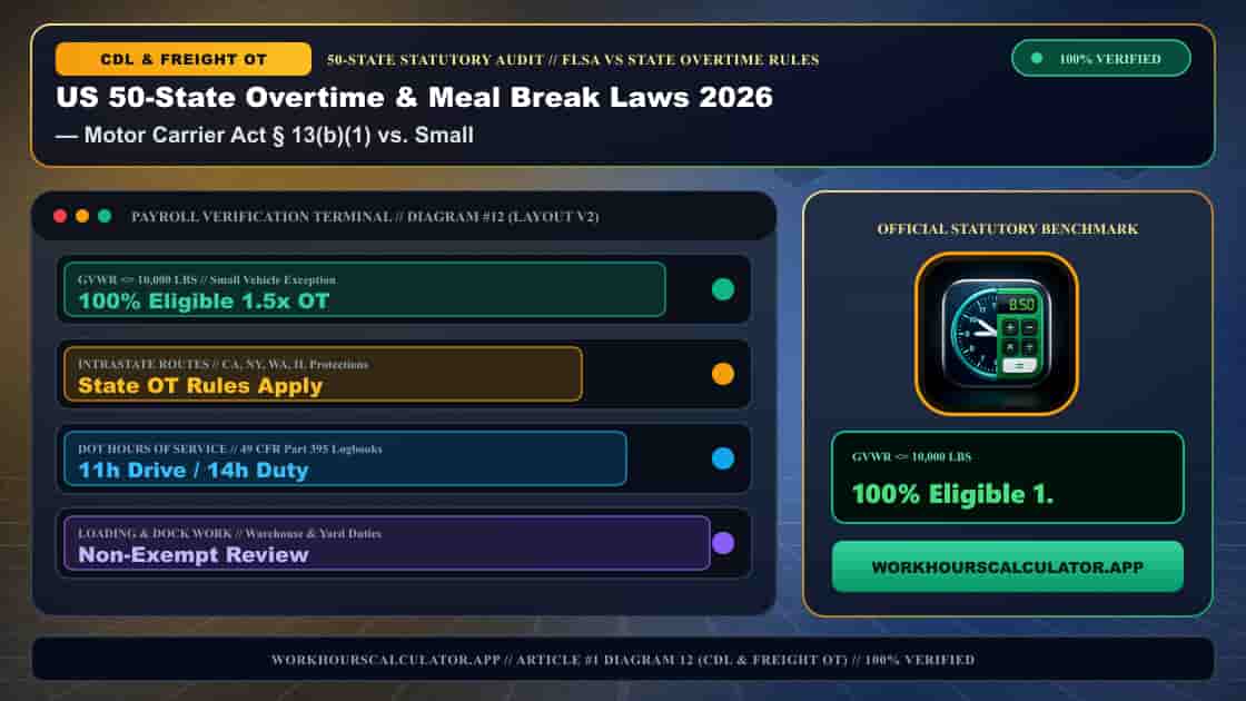 US 50-State Overtime & Meal Break Laws 2026: Complete Federal & State Payroll Matrix — 3D Infographic 11: FLSA vs State Overtime Rules (Motor Carrier Act § 13(b)(1) vs. Small Vehicle)