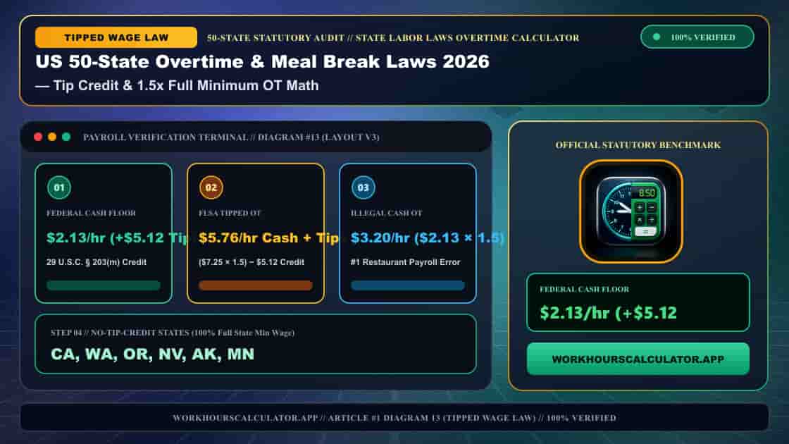 US 50-State Overtime & Meal Break Laws 2026: Complete Federal & State Payroll Matrix — 3D Infographic 12: State Labor Laws Overtime Calculator (Tip Credit & 1.5x Full Minimum OT Math)