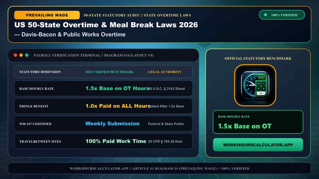US 50-State Overtime & Meal Break Laws 2026: Complete Federal & State Payroll Matrix — 3D Infographic 13: State Overtime Laws (Davis-Bacon & Public Works Overtime)