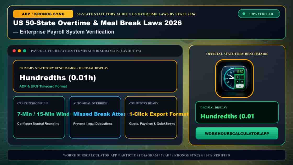 US 50-State Overtime & Meal Break Laws 2026: Complete Federal & State Payroll Matrix — 3D Infographic 14: US Overtime Laws by State 2026 (Enterprise Payroll System Verification)