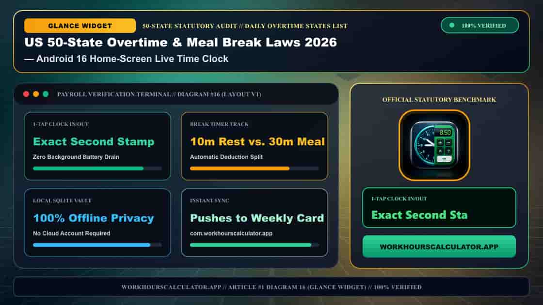 US 50-State Overtime & Meal Break Laws 2026: Complete Federal & State Payroll Matrix — 3D Infographic 15: Daily Overtime States List (Android 16 Home-Screen Live Time Clock)