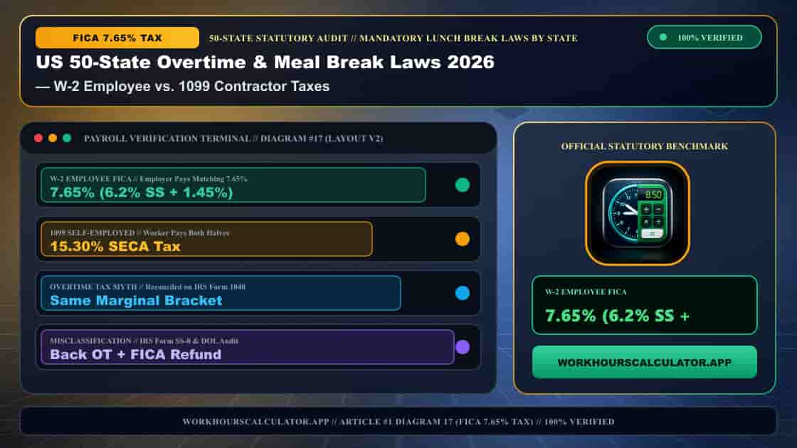 US 50-State Overtime & Meal Break Laws 2026: Complete Federal & State Payroll Matrix — 3D Infographic 16: Mandatory Lunch Break Laws by State (W-2 Employee vs. 1099 Contractor Taxes)