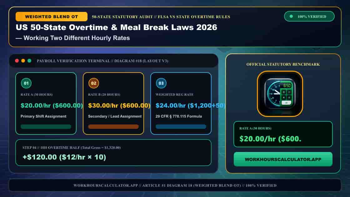 US 50-State Overtime & Meal Break Laws 2026: Complete Federal & State Payroll Matrix — 3D Infographic 17: FLSA vs State Overtime Rules (Working Two Different Hourly Rates)