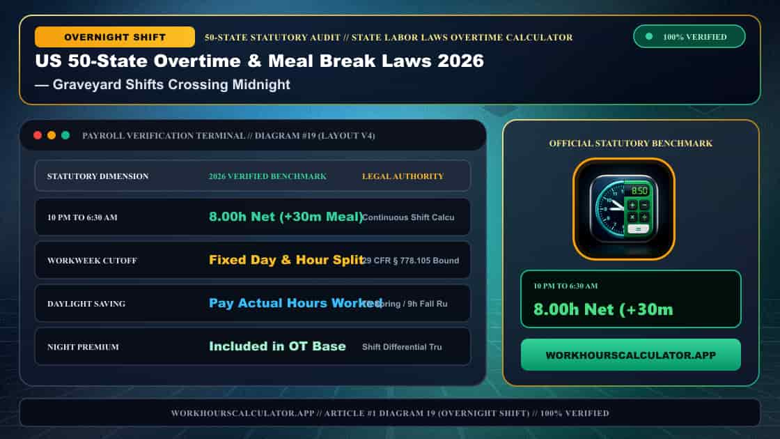 US 50-State Overtime & Meal Break Laws 2026: Complete Federal & State Payroll Matrix — 3D Infographic 18: State Labor Laws Overtime Calculator (Graveyard Shifts Crossing Midnight)