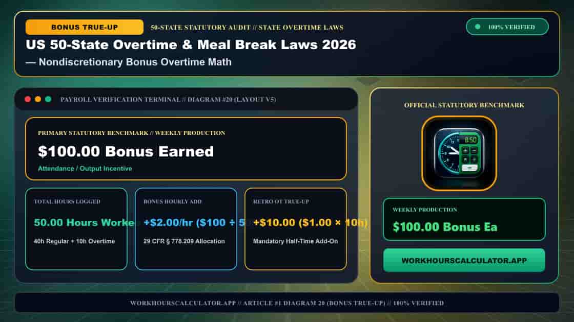 US 50-State Overtime & Meal Break Laws 2026: Complete Federal & State Payroll Matrix — 3D Infographic 19: State Overtime Laws (Nondiscretionary Bonus Overtime Math)