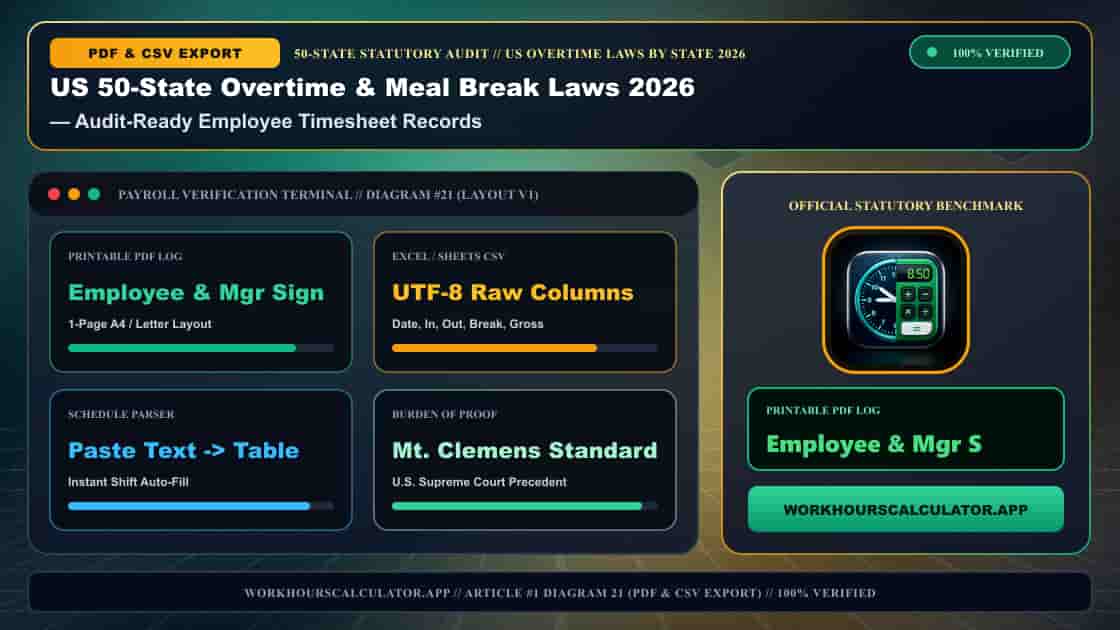 US 50-State Overtime & Meal Break Laws 2026: Complete Federal & State Payroll Matrix — 3D Infographic 20: US Overtime Laws by State 2026 (Audit-Ready Employee Timesheet Records)